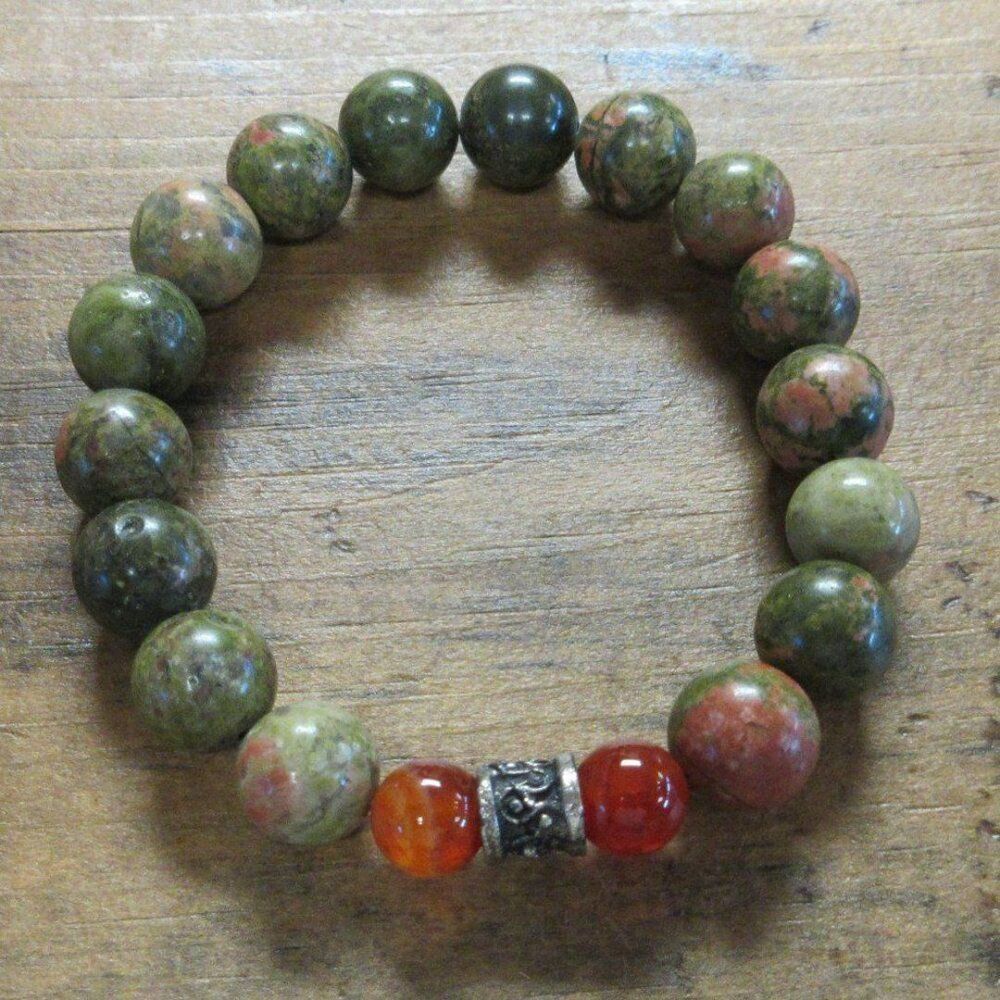 MERRISOTA JEWELRY Unakite Jasper Red Fire Agate Stretch Bracelet Size 7 Inch NEW